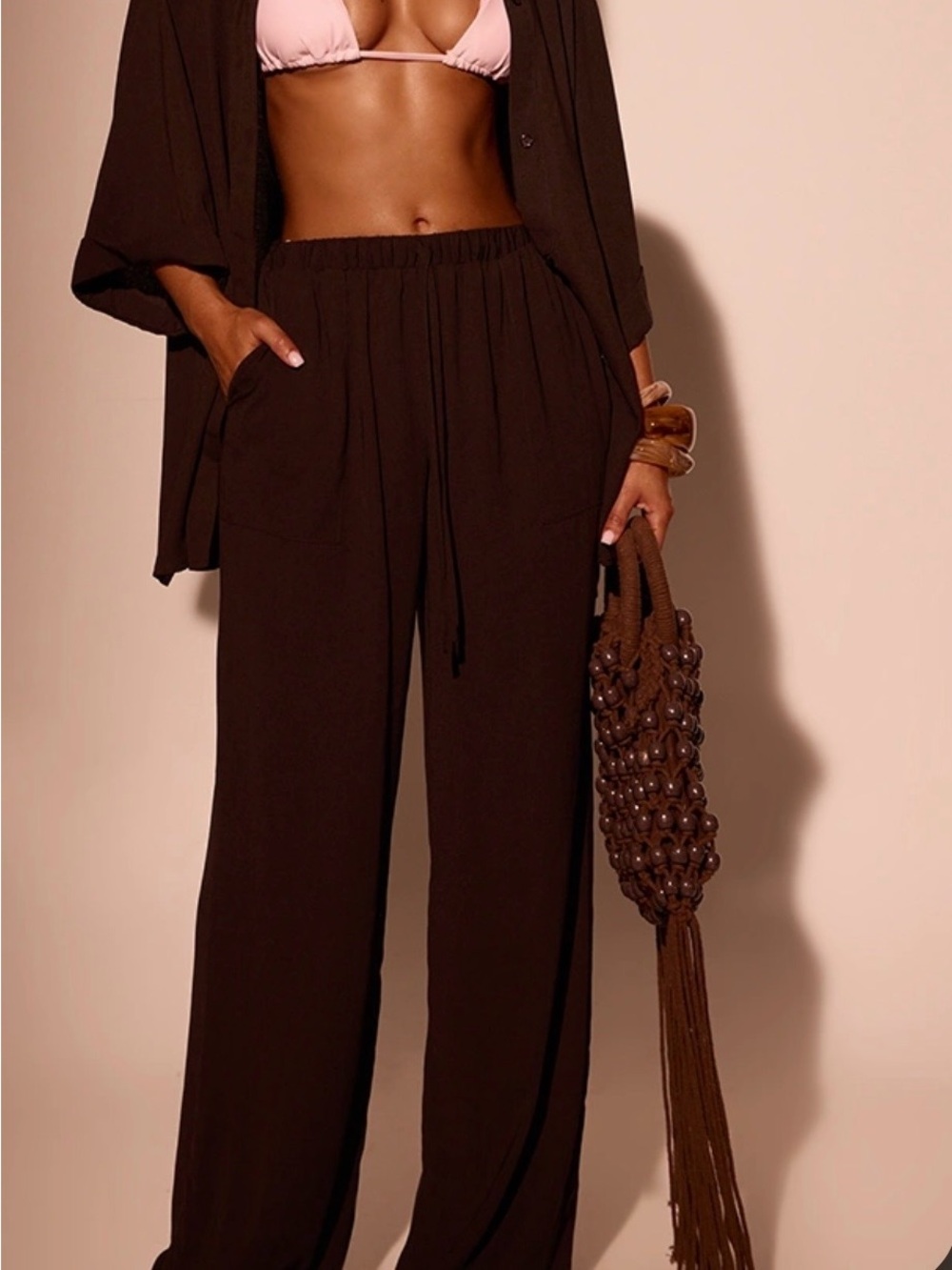 PrettyLittleThing Petite Dark Chocolate Linen Wide Leg Trousers Size 2 NWT